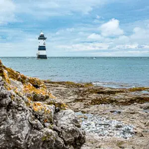 Rocks and lighthouse in Anglesey