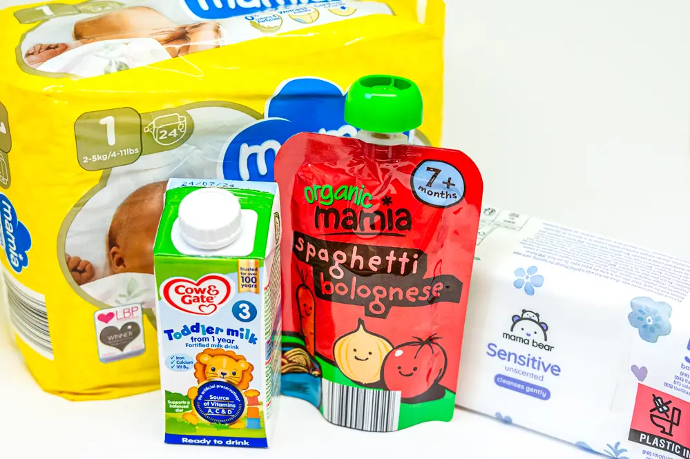 Baby food, nappies and wipes