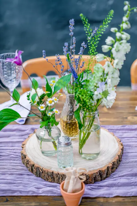 Wild flower centrepiece decorating the reception tables at Cronkshaw Fold Farm, Rossendale