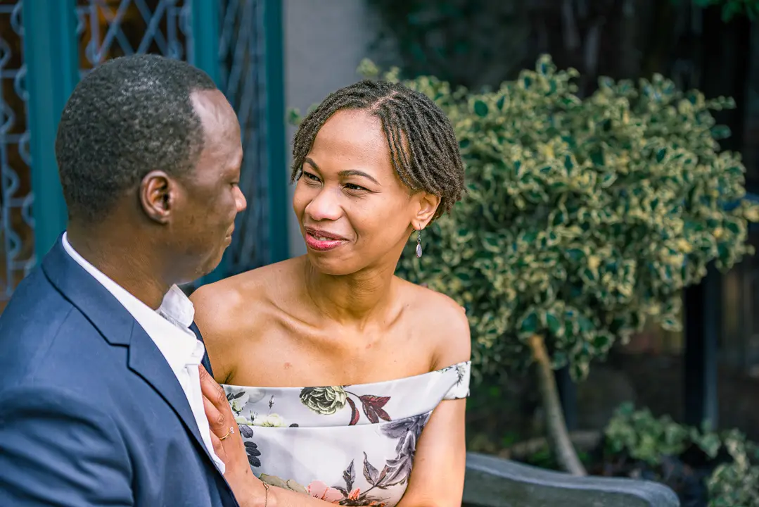 Bea and Abraham engagement portraits in Parsonage Gardens Didsbury Manchester.