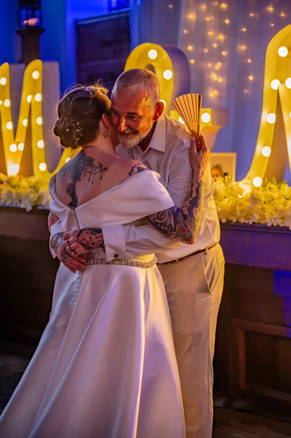The bride and groom sharing a quiet slow dance together later in the evening
