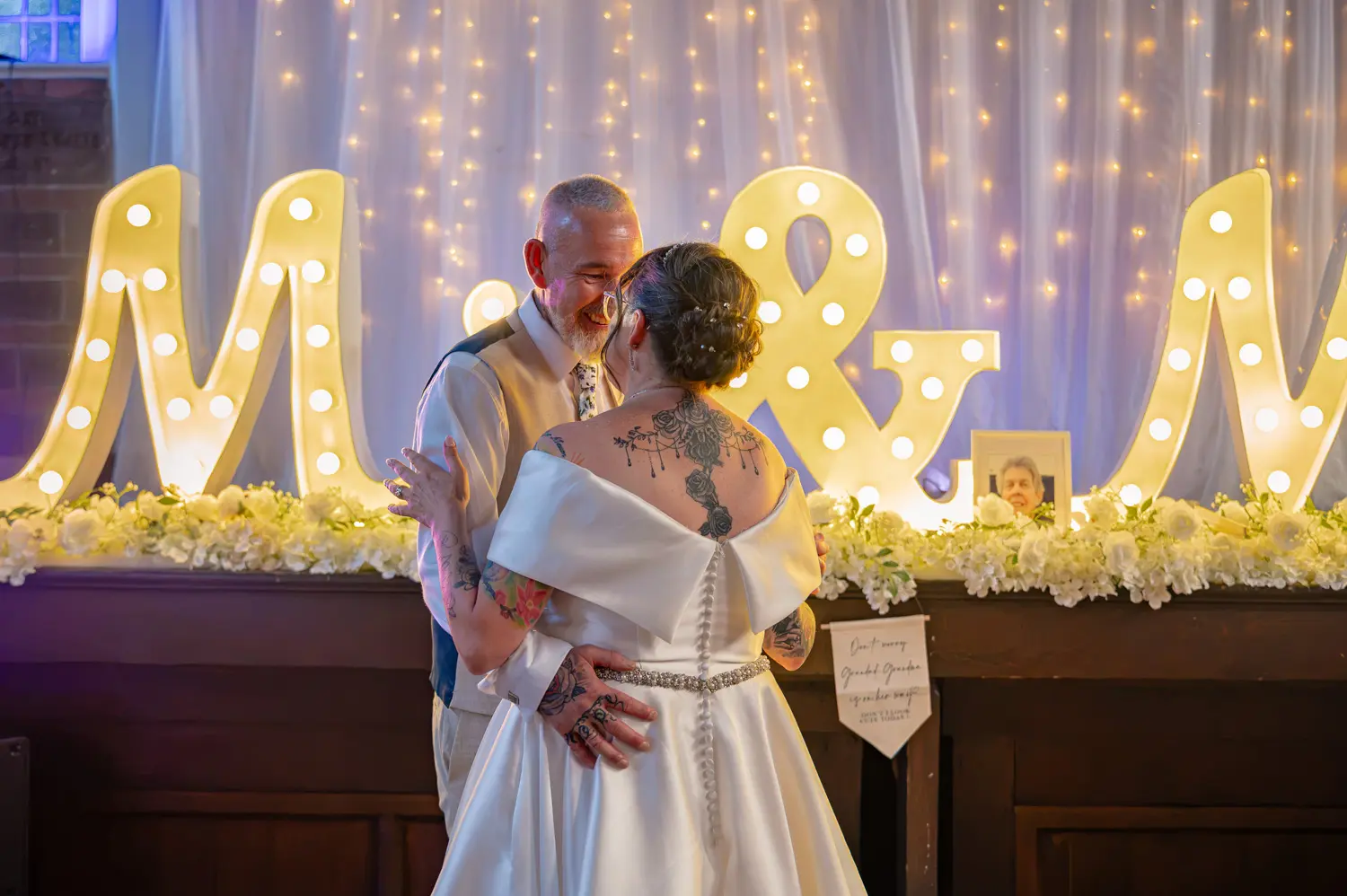 Close-up portrait of the bride and groom embracing during their first dance