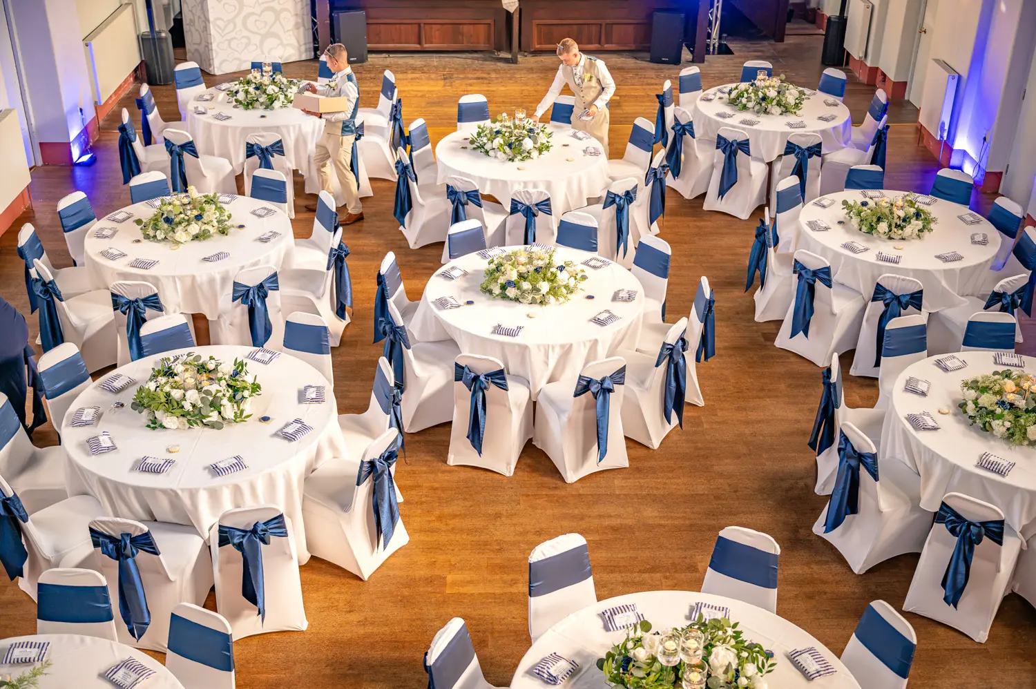 An overhead view looking down on the wedding breakfast table layout