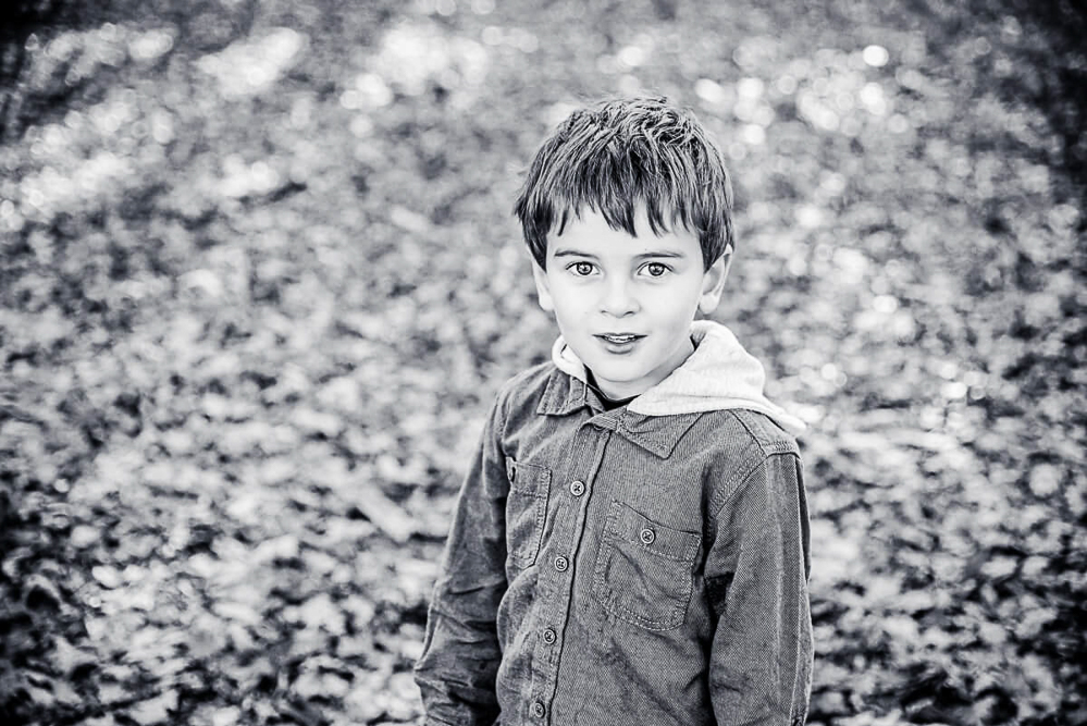 Outdoor Family Portrait of young boy in black and white