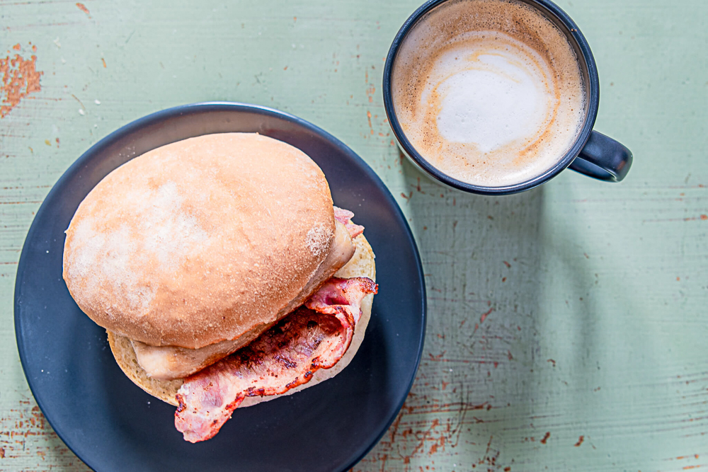 Bacon roll and coffee