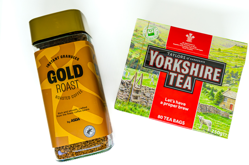 Jar of Instant coffee and box of Yorkshire Tea