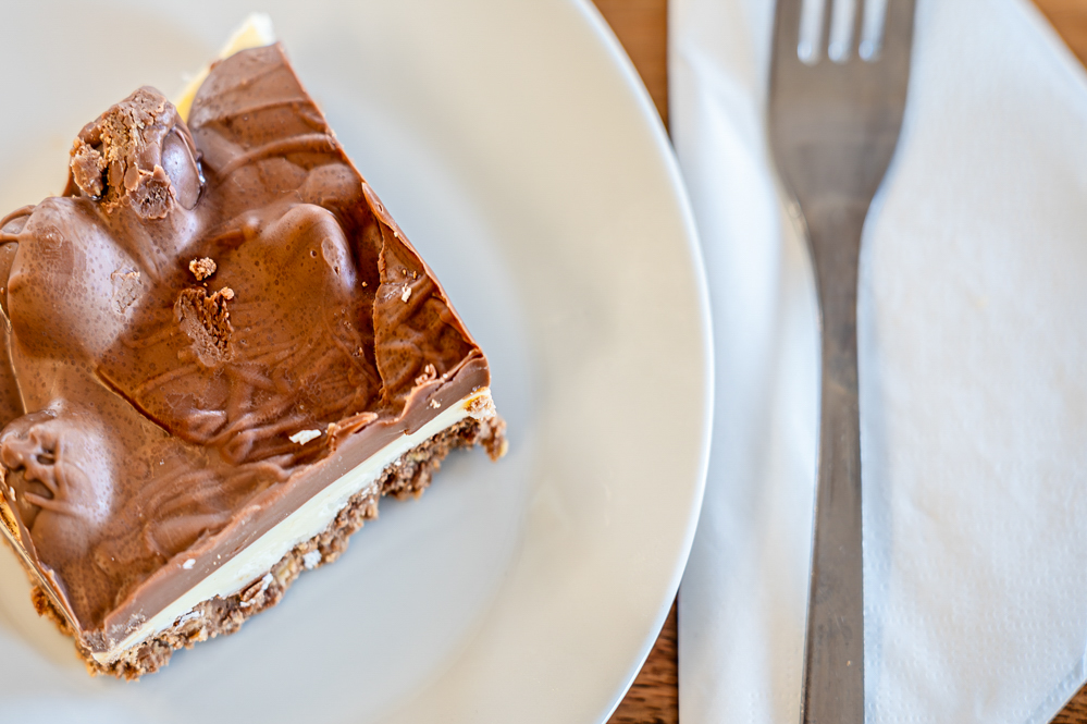 Chocolate tiffin slice on a plate