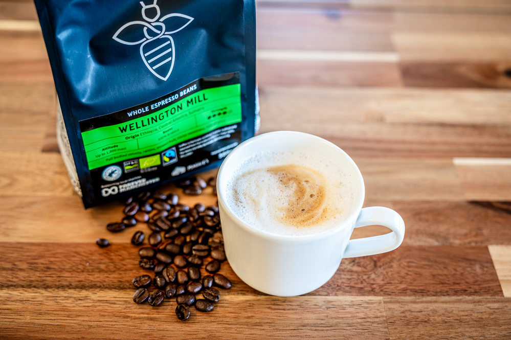 Wellington Mill coffee bag, beans and coffee mug