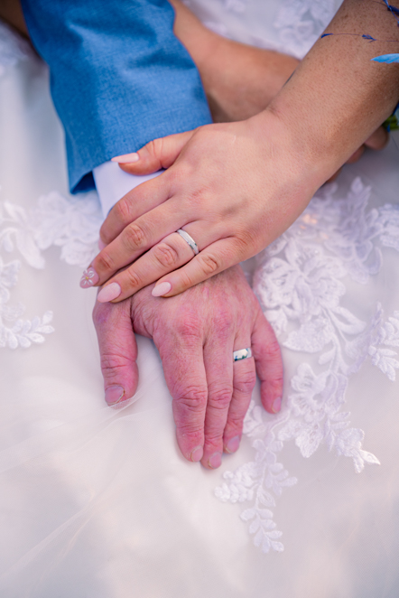 A close-up of the bride and groom's hands