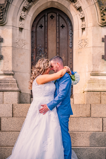 Bride and groom together during wedding portraits in Bury.