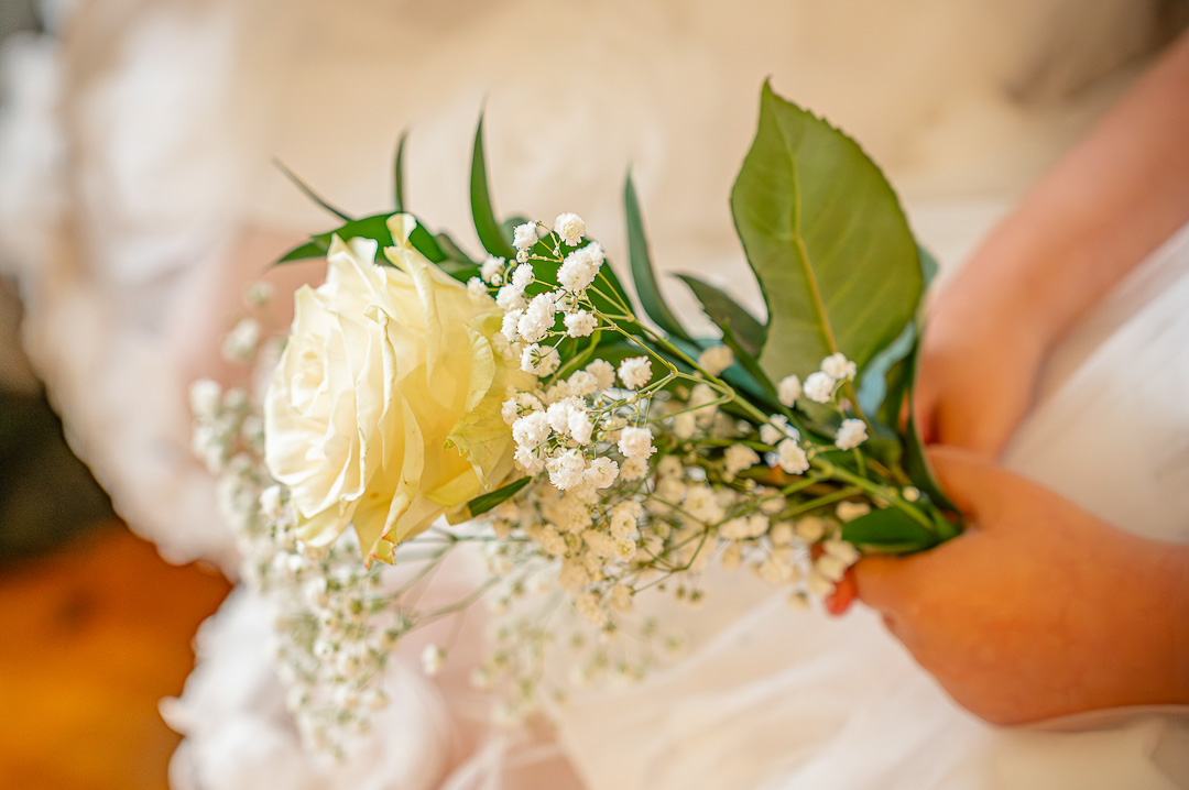 Flower girls holding white bouquets at St Peter’s Church