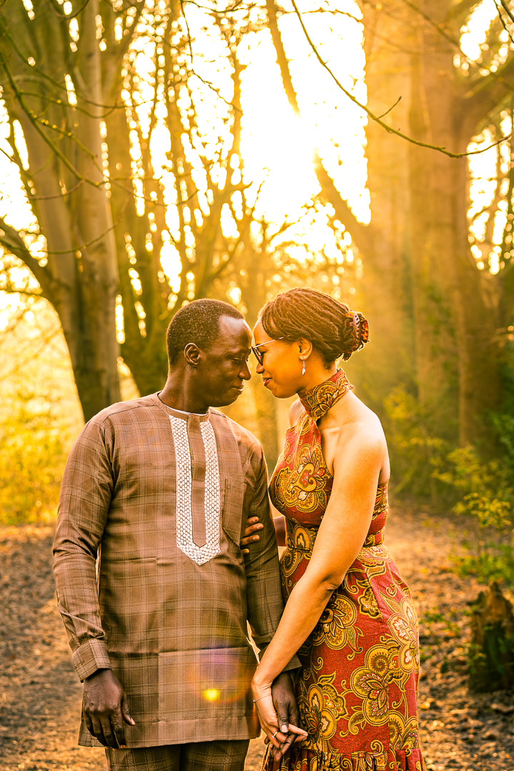 Bea and Abraham during their Fletcher Moss engagement shoot in Manchester on a misty winter morning.