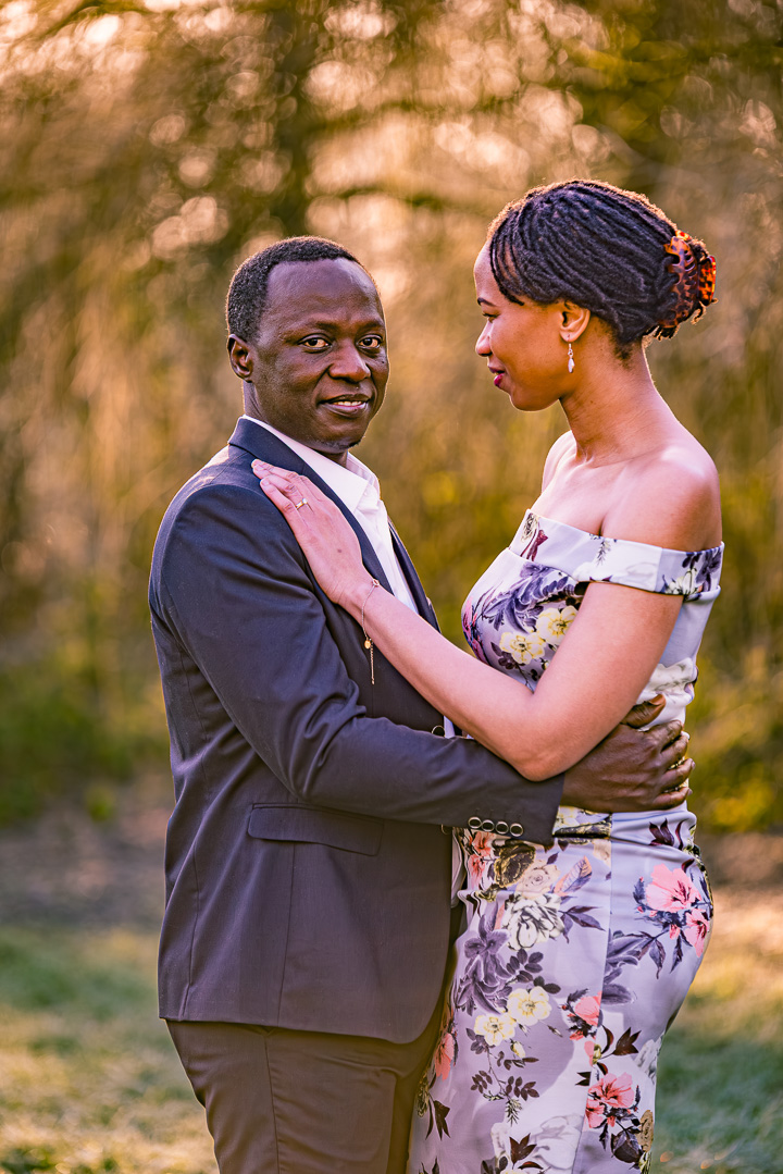 Close engagement portrait of Bea and Abraham in Parsonage Gardens.