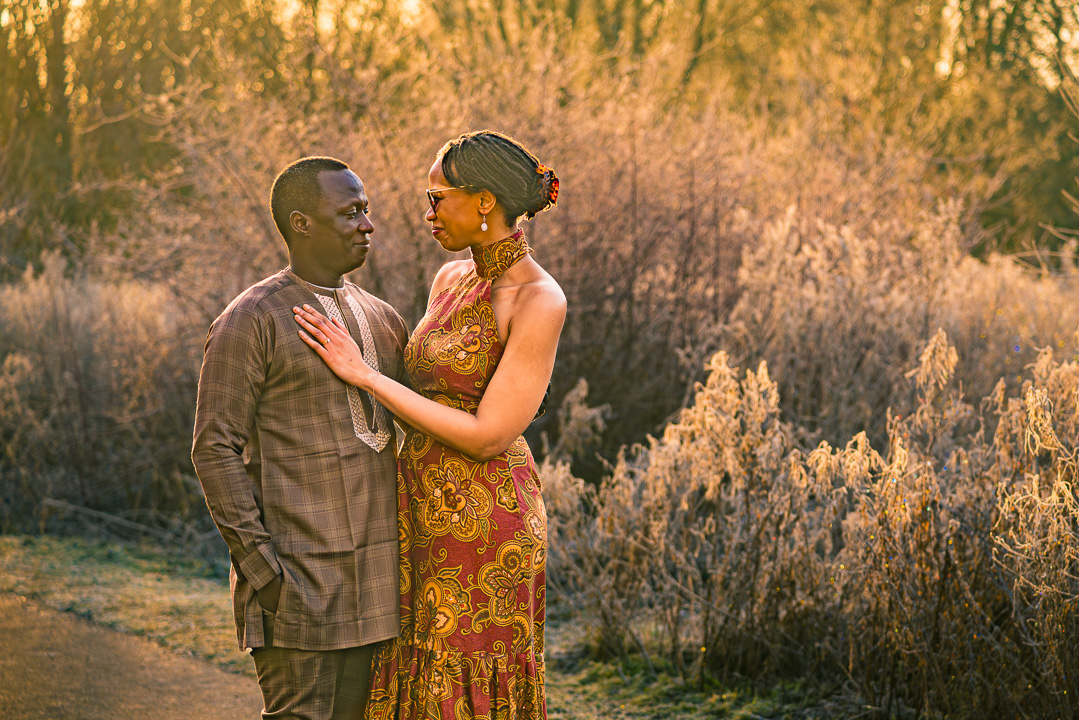 Bea and Abraham surrounded by mist during engagement shoot at Fletcher Moss Gardens.