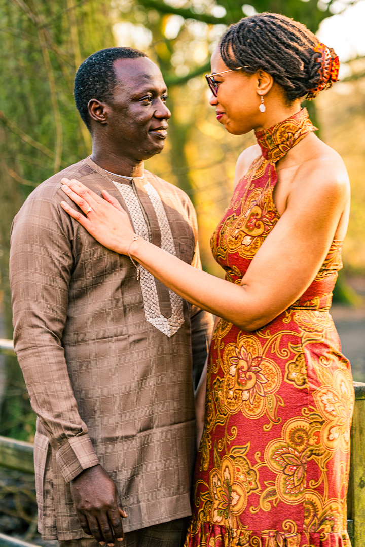 Romantic engagement portrait of Bea and Abraham in Fletcher Moss Gardens Manchester.