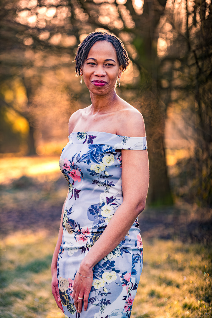 Portrait of Bea during engagement session in Parsonage Gardens Manchester.