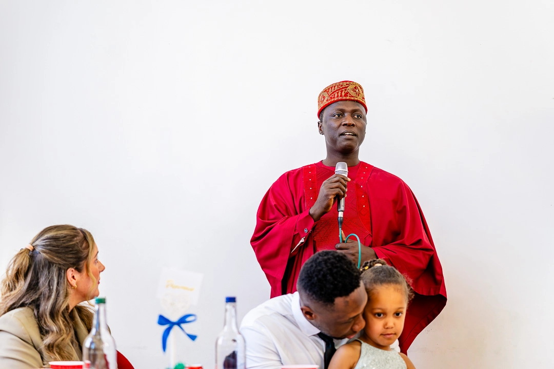 Wedding speeches at 422 Community Hub, Ardwick, Manchester, during Bea and Abraham's wedding reception